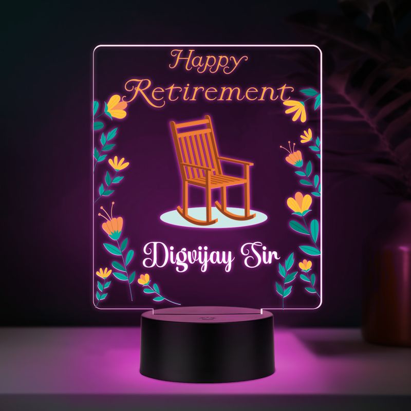 Personalized Happy Retirement LED Night Lamp with Rocking Chair Design, Color Changing Acrylic Light with Black Base Retirement Gift for Grandfather, Dad & Teacher